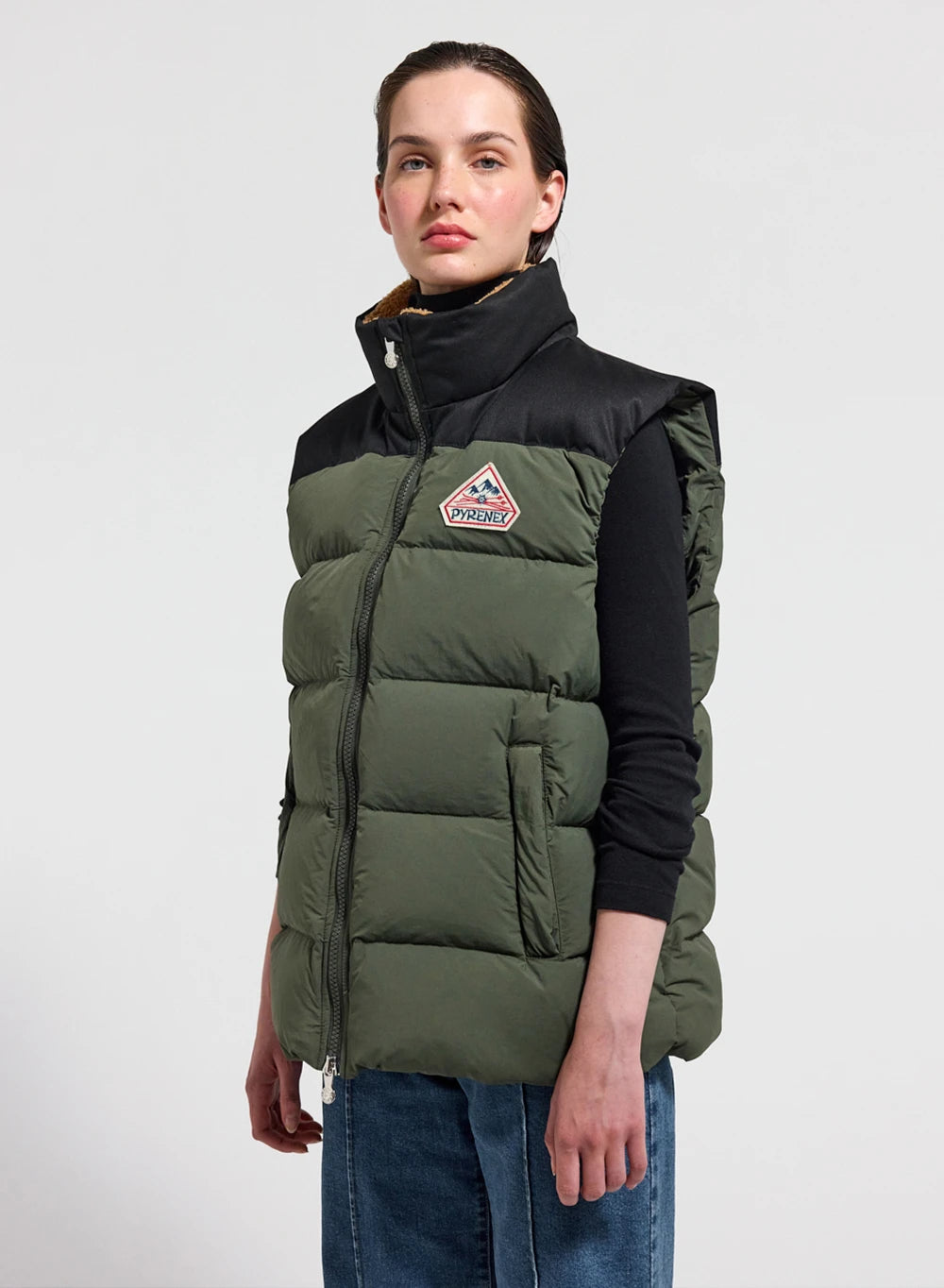 pyrenex-retro-john-doudoune-sans-manche-kaki-fonc-col-sherpa image 1